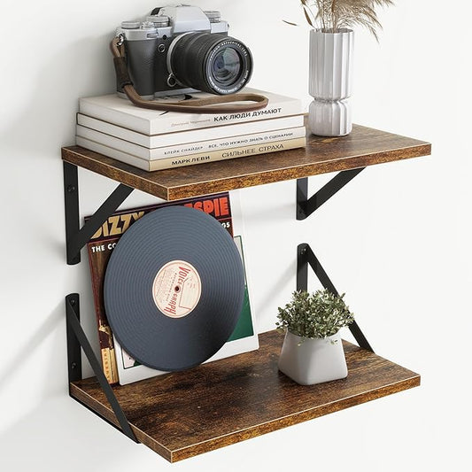 8" Deep Floating Shelves for Wall,16 inch Wood Wall Shelves Set of 2,Wide Floating Bookshelf with Sturdy Metal Brackets,Hanging Storage Floating Shelf for Living Room,Bedroom,Bathroom,Rustic Brown