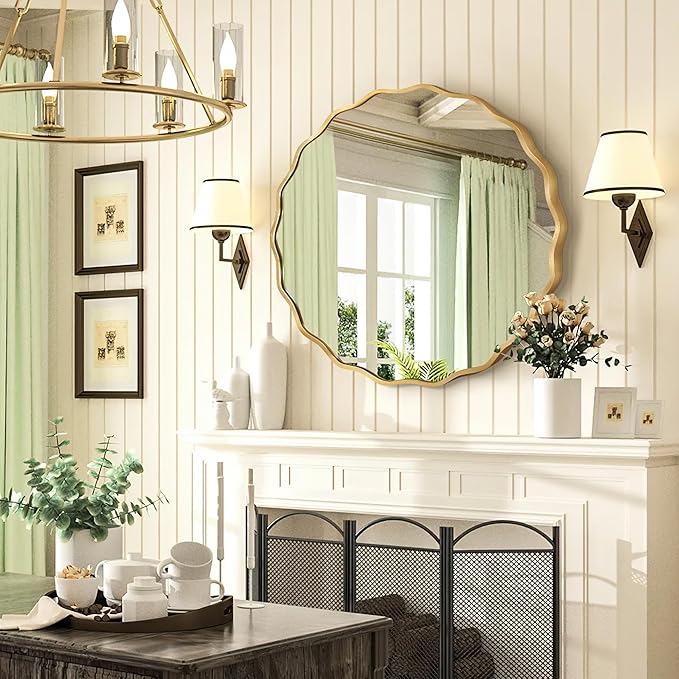 Gold Round Mirror for Wall, 24"x24" Decorative Wavy Bathroom Mirror with Brushed Alloy Steel Frame & Shatter-Proof Glass, Hanging Circle Wall Mirrors for Bathroom, Entryway, Bedroom