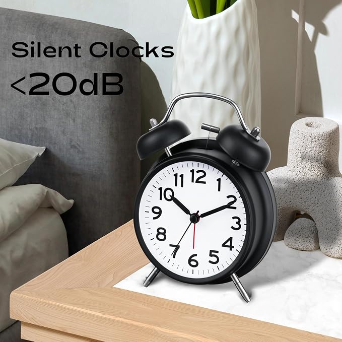 AKCISOT Loud Alarm Clock for Heavy Deep Sleepers, 4.5 Inches Analog Metal Twin Bell Clocks Battery Operated with Backlight for Bedroom Bseide, Old Fashioned for Desk Home Decoration (Black White)