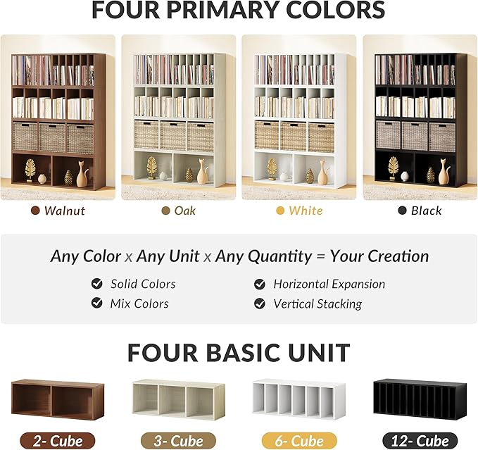 IOTXY DIY Modular Cube Bookcase - CubeXY Customizable Stackable Expandable Basic Shelving Units, 12-Cube Wooden Open Bookshelf with Removable Shelves for Vinyl Record Storage Organizer, Black