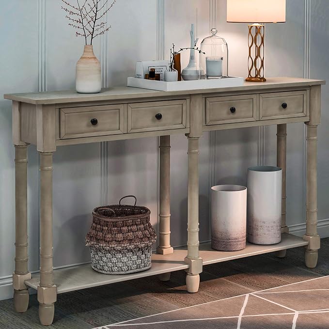 Merax Retro Console Table Sofa Table for Entryway with Drawers and Shelf Living Room Table (Grey Wash)