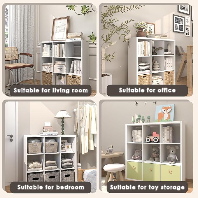 Endearing Limons【2026 Wooden Thick Border 9 Cube Shelf Storage Organizer with Anti-Tipping Kits + Reversible Open Back Bookcase (11 x 11 Unit Cell White)