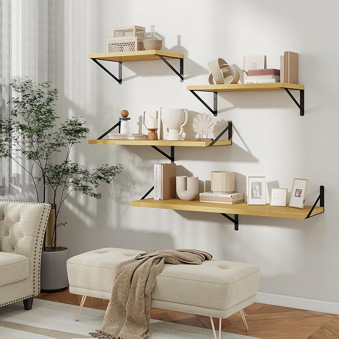 Floating Shelves, 12 Inch Deep Rustic Wood Wall Storage, 48W x 12D Wall Shelves Set of 2, Heavy Duty Metal Brackets, Large Industrial Book Shelf for Living Room, Kitchen, Bedroom, Oak