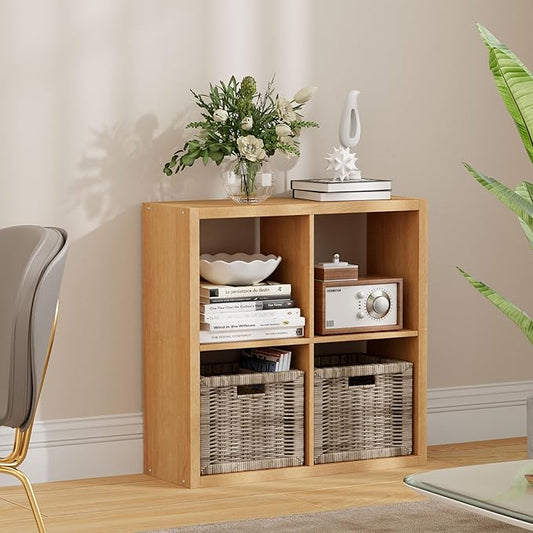 4 Cube Storage Organizer, 2x2 Cube Bookshelf, Cubby Storage Shelf, Wooden Organizer Shelf with Thickened Boards, for Closet Bedroom Home Office Living Room, 25.12" L x 9.37" W x 25.12" H, Natural-Oak