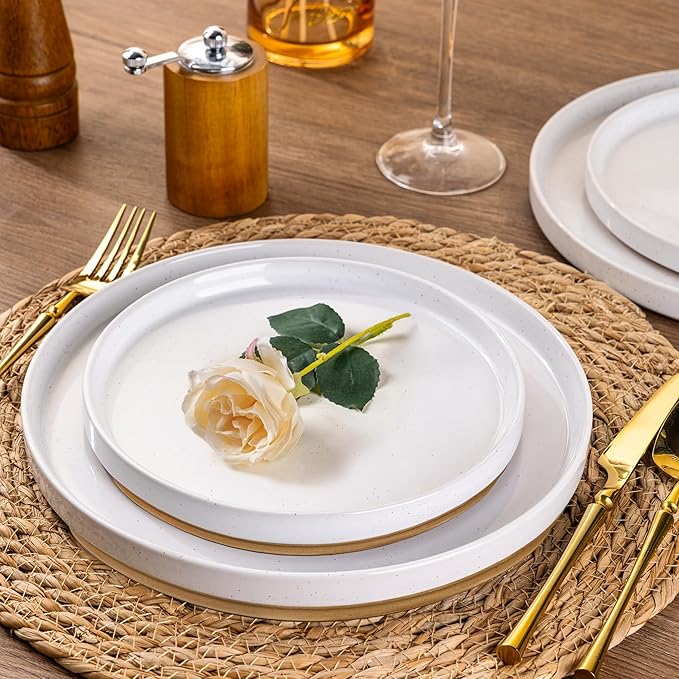 AmorArc Ceramic Dinnerware Set for 4 | Speckled Stoneware Plates and Bowls with unglazed terracotta | Scratch Resistant, Dishwasher & Microwave Safe Dishes Sets- 12-Pcs Milk White