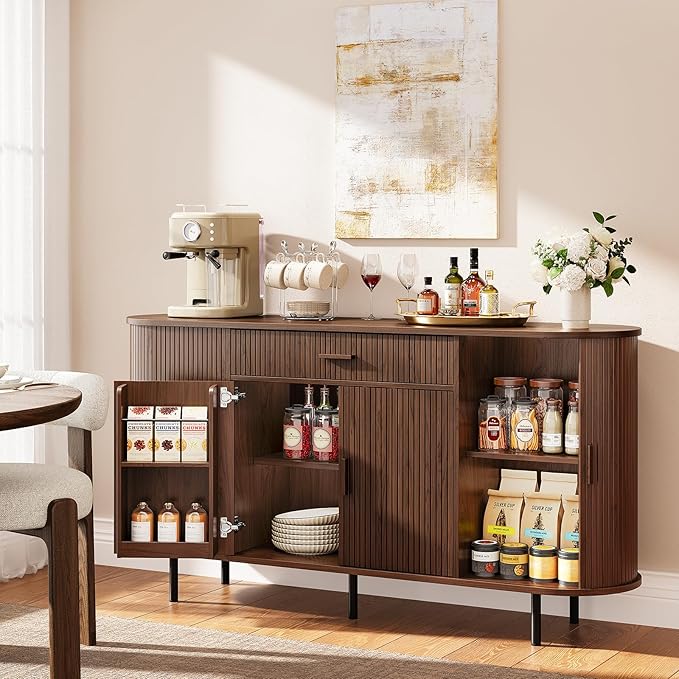 ONBRILL 63“ Sideboard Buffet Cabinet with Storage, Sideboard with 1 Drawer & 2 Door Shelves, Mid-Century Modern Kitchen Cabinets with Sliding Door, Coffee Bar Cabinet for Kitchen, Living Room, Walnut