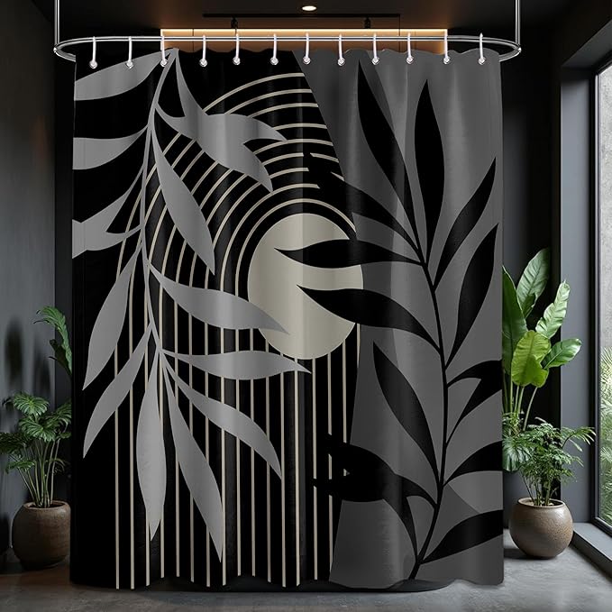 Boho Black and Grey Shower Curtain, Mid Century Modern Black and Gray Shower Curtains for Bathroom, Waterproof Fabric Set with Hooks, (70" W X 78" L)