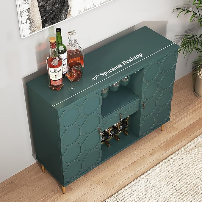 Modern Bar Cabinet with Drawer, Liquor Cabinet with Wine Glass Racks and Shelves, Geometric Door Buffet Sideboard for Dining Room, Living Room, Kitchen, Green