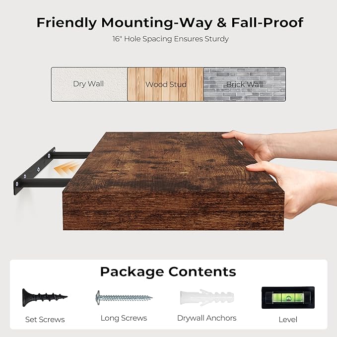 Fun Memories 55 Inch Floating Shelves for Wall, Fireplace Mantel Shelf with Invisible Heavy Duty Bracket, 8 Inch Deep Storage Shelf for Living Room, Kitchen, Farmhouse, Brown (2-Pack)