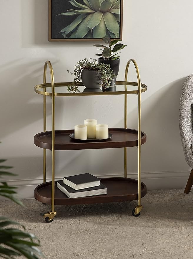 Kate and Laurel Maxfield Midcentury Modern Rolling Bar Cart, 26 x 13 x 36, Walnut and Gold, Decorative Glamorous Wood and Mirrored Kitchen Storage Cart with Wheels