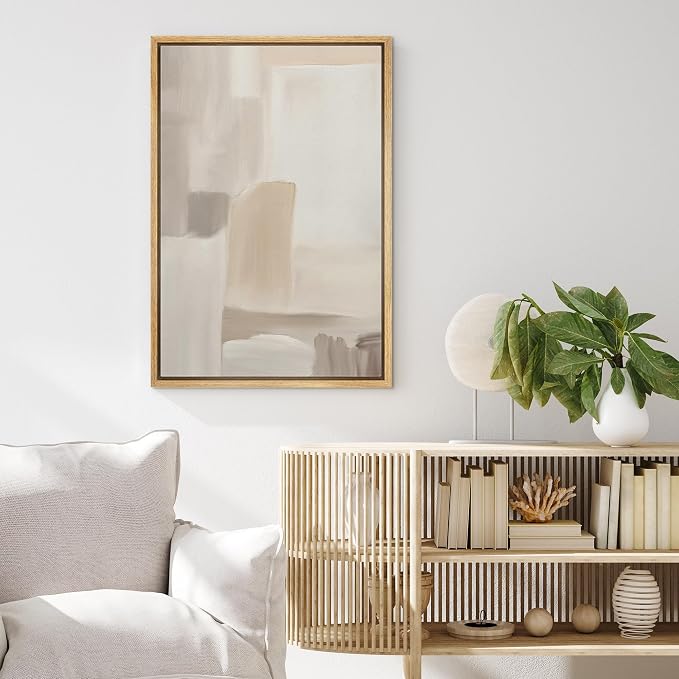MUDECOR Framed Canvas Print Wall Art Minimalist Neutral Abstract Beige and Taupe Geometric Illustrations Minimalism Decorative Bohemian Colorful Zen for Living Room, Bedroom, Office - 16"x24" NATURAL