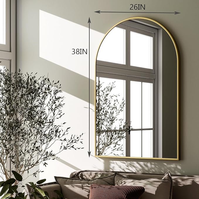 HARRITPURE Arched Wall Mirror – 26"x38" Arch Bathroom Mirror Metal Frame Vanity Mirror for Bedroom, Entryway Dresser Decor, Gold