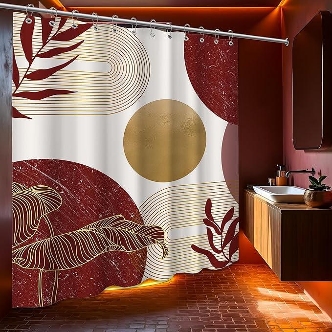 Red and Gold Shower Curtain Burgundy Dark Red and White Shower Curtains for Bathroom Decor Abstract MCM Bath Curtain Set, Waterproof Fabric with Hooks 70 x 84 Inch