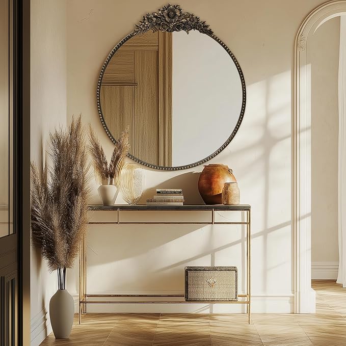 Round Baroque Style Antique Mirror, 24" Metal Circle Vintage Wall Mounted Decorative Mirror for Entryway,Bathroom,Vanity, Retro Black
