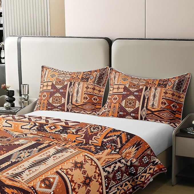 100% Cotton Native American Duvet Cover Full Traditional Bedding Set Tribal Ethnic Grunge Vintage Aztec Comforter Cover Brown Yellow Indian Bedroom Decor Abstract Geometric Quilt Cover for Adult Man