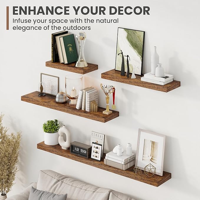 40 Inch Floating Shelves, 8 Inch Deep Floating Shelves for Wall, Hanging Shelf with Invisible Brackets, Deep Shelves for Bathroom, Bedroom, Living Room, Brown, Set of 2
