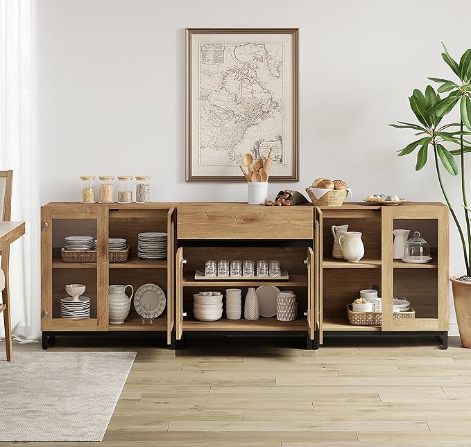WAMPAT 3 in 1 Modern Sideboard with Adjustable Shelves and Drawer,Storage Cabinet with Glass Doors, Coffee Bar Cabinet for Living Room, Kitchen, Oak