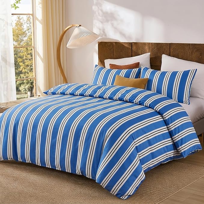Merryword Striped Duvet Cover Set King Size - 100% Cotton Duvet Cover Set, Blue Ribbon Stripes Pattern Comforter Cover 3 Pieces, Soft Linen Like Bedding Set for All Seasons