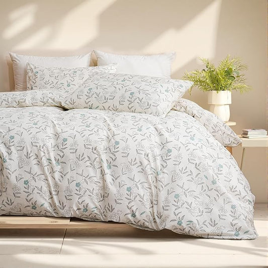 100% Cotton Floral Duvet Cover Set King Size Ultra Soft Breathable Blue Floral Grey Leaves Bedding Set for Women with Zipper Closure 3 Pcs Chic Reversible Duvet Cover for All Season