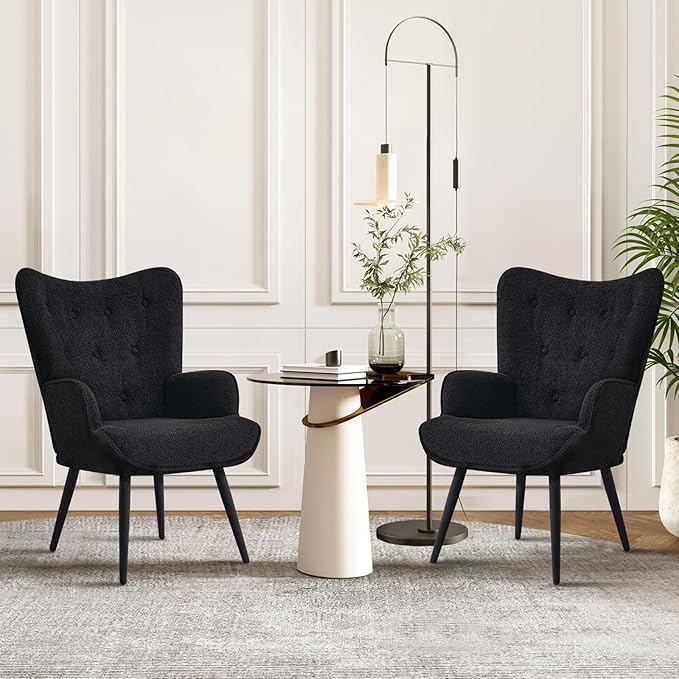 Furnimart Faux Fur Black Accent Chair Wing Back Modern Living Room Chairs, Comfy Armchair Leisure Vanity Guest Chair for Office Vanity Bedroom Waiting Room Black Faux Fur