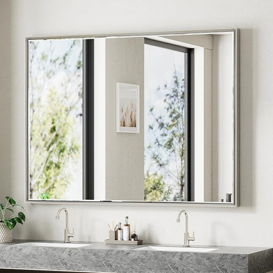 48'' x 36'' Brushed Nickel Framed Beveled Bathroom Mirror, Shatterproof Rectangle Brushed Nickel Frame Mirror, Anti-Rust Vertical/Horizontal Wall-Mounted Mirrors