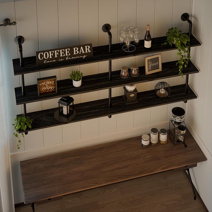 HDDFER Floating Shelves 70 inch Wall Bookshelf Industrial Pipe Shelving Shelves Real Wood Planks Rustic Wall Shelves Hanging Bookshelves Farmhouse Kitchen Bar Shelving