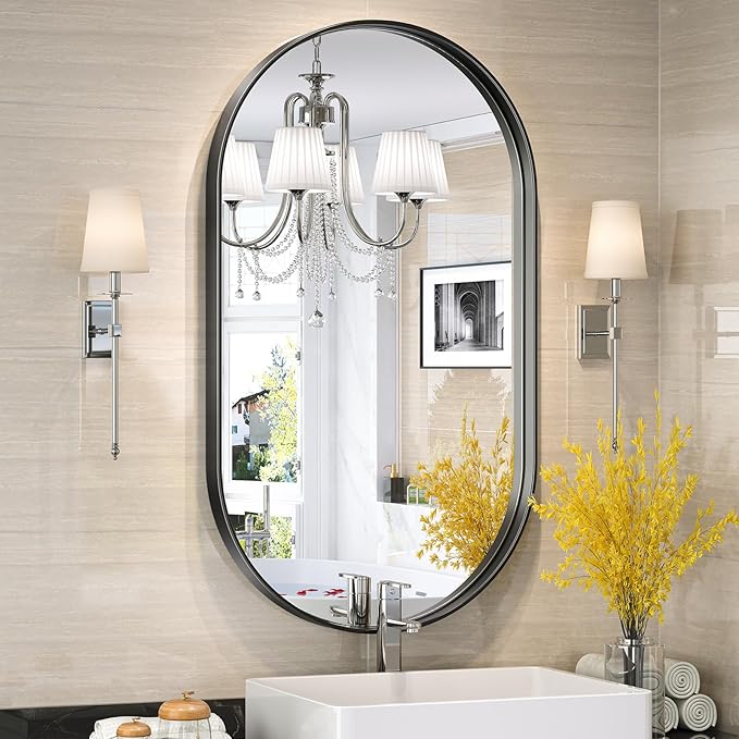 Brightify 20x36 Inch Black Oval Mirror for Bathroom, Matte Black Vanity Mirrors Metal Frame, Wall Mounted Mirror for Bedroom Fireplace Wall Decorative Hang Vertical and Horizontal