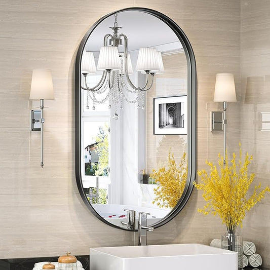 Brightify 20x36 Inch Black Oval Mirror for Bathroom, Matte Black Vanity Mirrors Metal Frame, Wall Mounted Mirror for Bedroom Fireplace Wall Decorative Hang Vertical and Horizontal