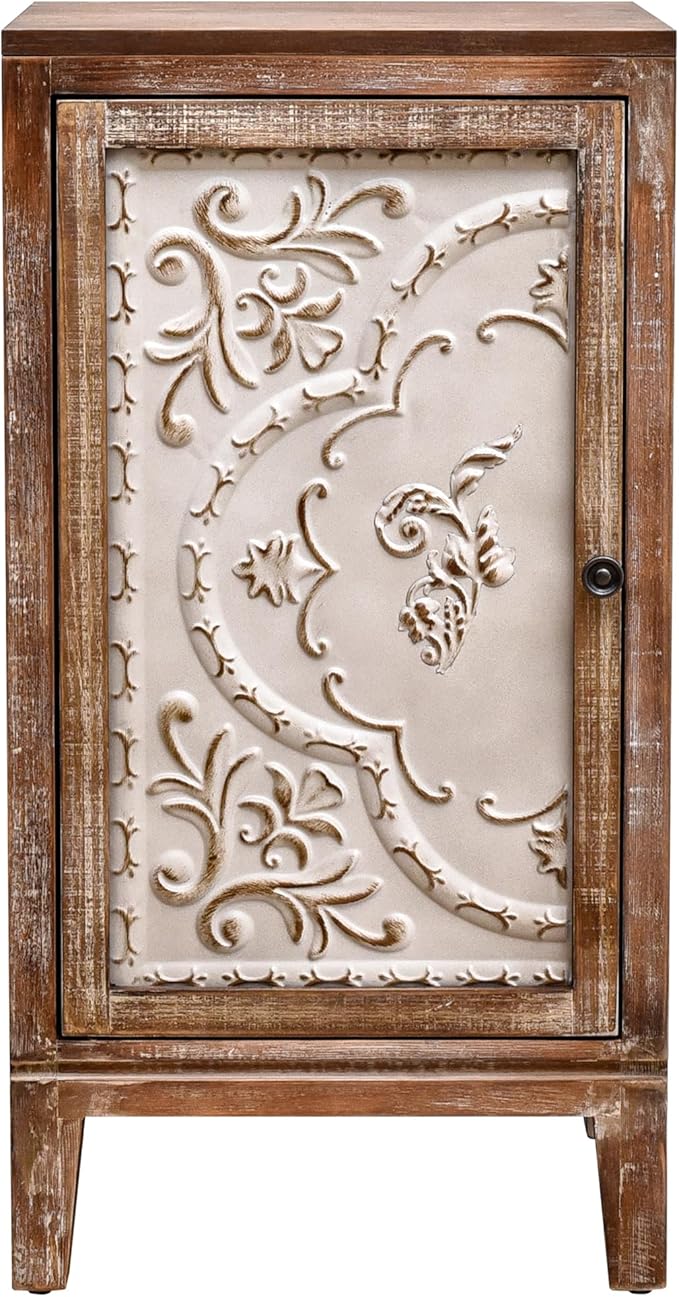eHemco Vintage Florentine End Table with Floral Door Panel, 16.5 x 14 x 31 Inches, Indoor Storage Cabinet, Natural and Cream Finish