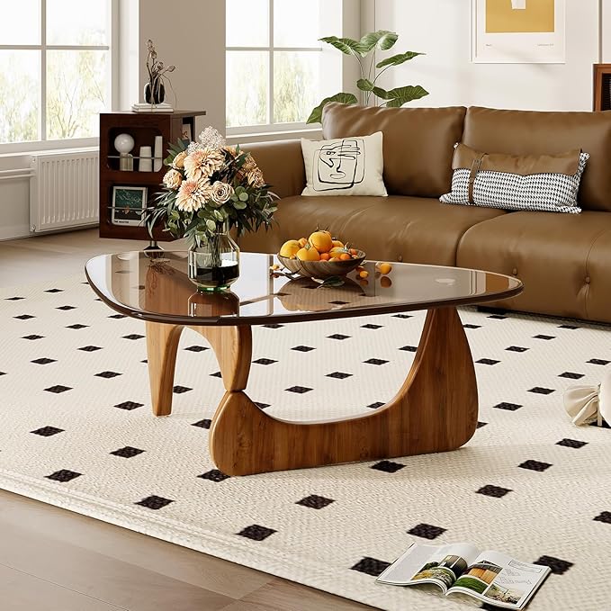 CAJCA Coffee Table for Living Room Mid Century Modern Center Table with Glass Top and Wood, Brown/Walnut