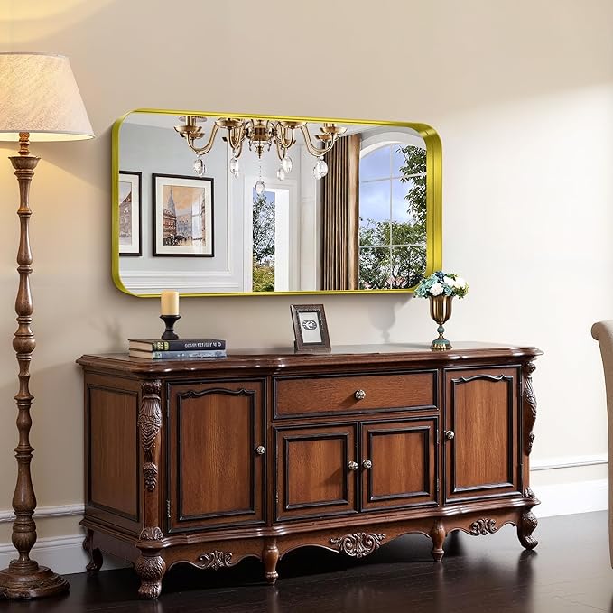 CIRCUMI Gold Bathroom Mirror, 24"x48" Rectangular Mirror with Deep Metal Frame, Rounded Corner, Tempered Glass, Large Mirror for Wall, Over 2 Sinks, Installed Vertically/Horizontally, Crystal-Clear