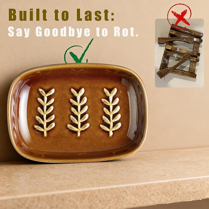 Soap Dish for Shower, Ceramic Soap Holder Soap Dishes for Large Bar Soap Sponge, Decorative Soap Saver Tray for Bathroom Kitchen Sink Bathtub, Pro-Environment, Extend Soap Life, Dark Brown