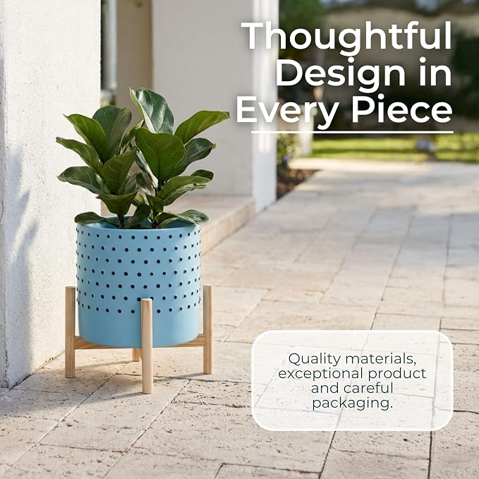 Ceramic Planter With Stand Indoor – Plant Stand Indoor For Elevated Greenery, Living Room Or Patio Placement, Textured Blue Home Decor Design Adds Height And Visual Impact – 11", Blue