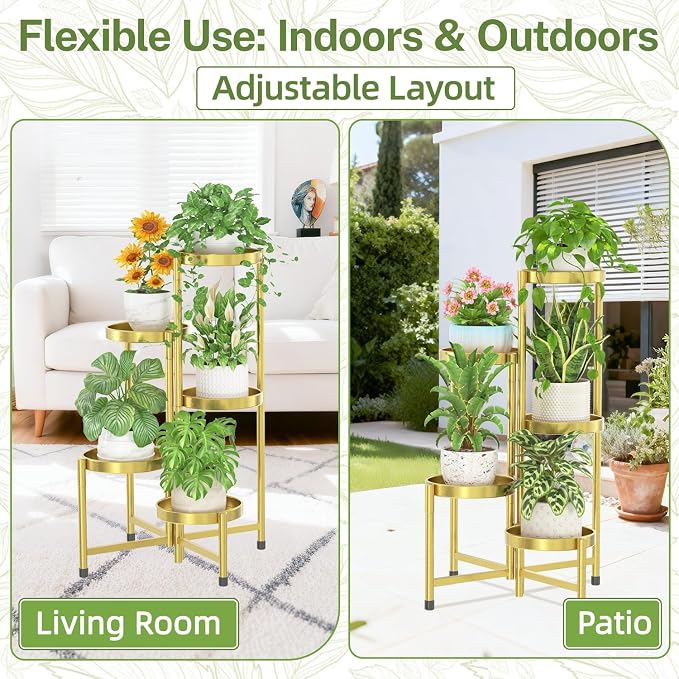 iDavosic.ly Plant Stand Indoor Outdoor, 5 Tier Corner Metal Flower Display Holder Shelf, Folding Tall Orchid Rack for Patio Balcony Porch Garden Living Room House, Gold