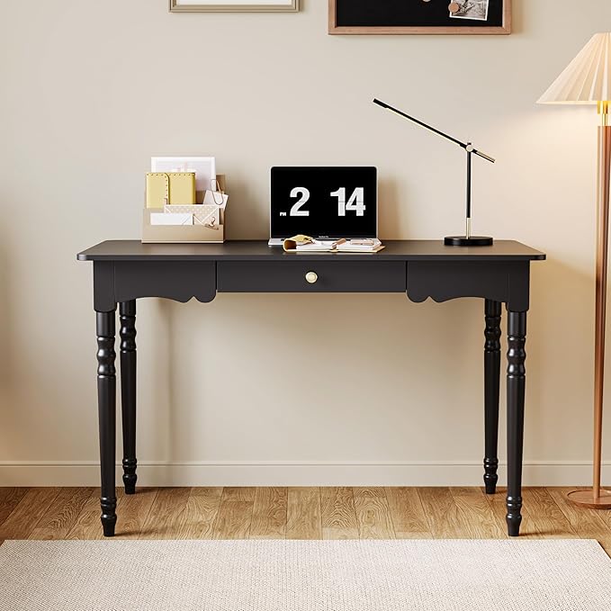 WOODTIME 47.2" W Home Office Computer Desk with Solid Wood Legs, Vintage Gaming PC Desk Study Writing Table with Drawer, Black