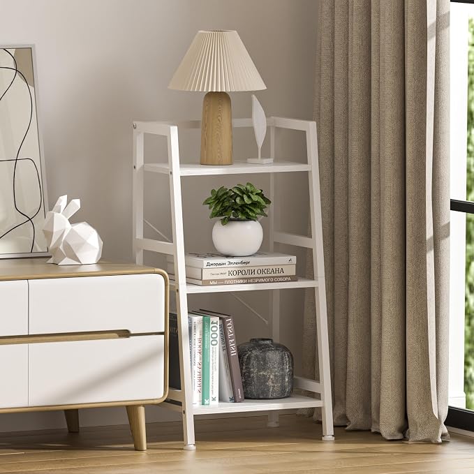 3-Tier Bookshelf, Ladder Shelf, Stand Up Shelves, Industrial Bookcase with Steel Frame, Metal Small Bookcase, for Living Room, Home Office, Kitchen, Bedroom, Industrial Style（White）