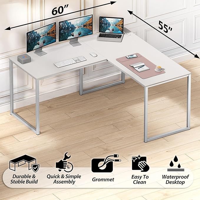 SHW Mission 55 x 60 Inches L-Shape Home Office Computer Desk, White