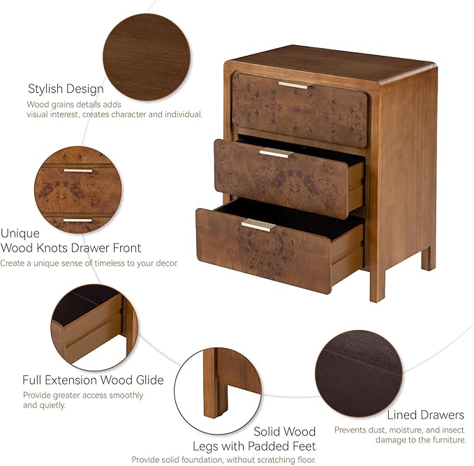 COZAYH Farmhouse Nightstand Set of 2 with 3 Drawer, Distressed Wood Rustic Accent Dresser, Burl Finish Bedside Table for Bedroom, Entryway, Fully Assembled, Brown