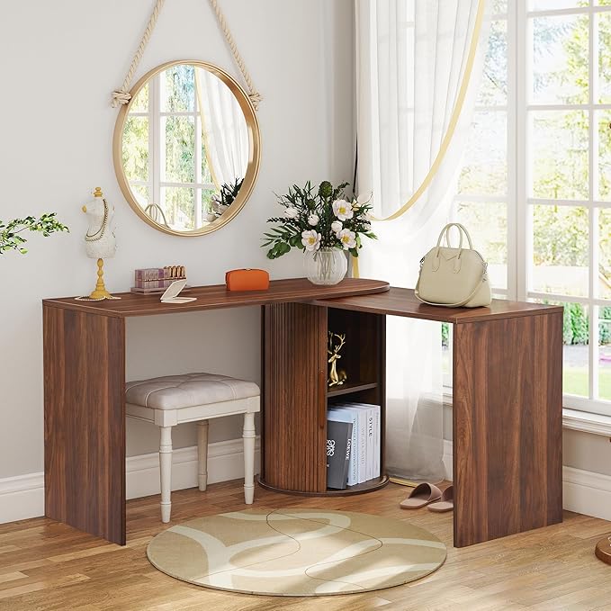 Fluted Computer PC Desk Table with Storage, Farmhouse Corner L Shaped Desk with Storage for Small Space, Modern Home Office Desk for Bedroom, for Writing, Executive, Study, Work - Walnut