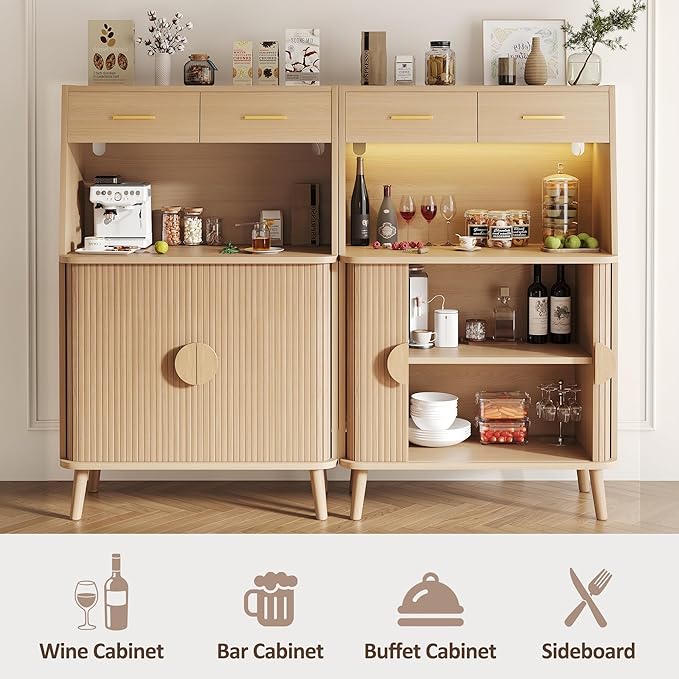 Decofy 47.2" Sideboard Buffet Cabinet with LED Light & Sliding Door, Modern Storage Cabinet with Adjustable Shelf &2 Drawers, Coffee Bar for Kitchen, Entryway(Oak)