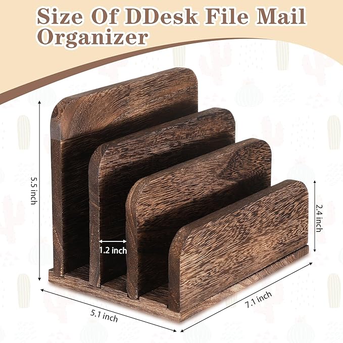 Briwooody Wooden Mail Organizer 3 Slots Mail Holder for Desk Wood File Paper Letter Holder for Letter Envelope Filing Cell Phone Document Storage, Organizer Tray for Office and Home(Dark Brown)