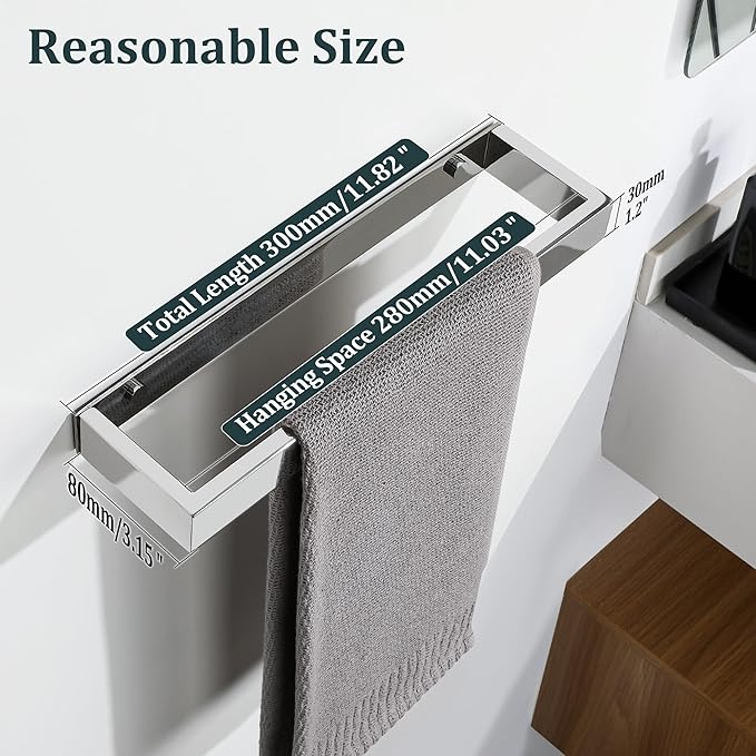 Sayayo Chrome Towel Bar for Bathroom, 12 Inch Hand Towel Holder Wall Mount, Screw or Self Adhesive Towel Ring Square SUS304 Stainless Steel, 3.2 Inch Wide
