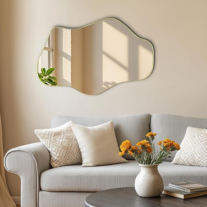 Gold Irregular Mirror, 21"x14" Asymmetrical Wall Mirrors, Modern Frameless Mirror for Wall, Unique Shaped Mirrors for Living Room Bedroom Bathroom Hallway Entryway Fireplace