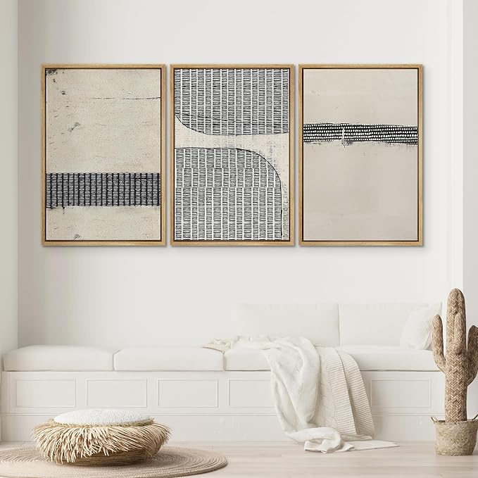 SIGNWIN Framed Canvas Print Wall Art Set Black Tan Grunge Grid Polygon Pattern Abstract Shapes Cozy Neutral Decorative Contemporary Minimal for Living Room, Bedroom, Office - 16"x24"x3 Natural
