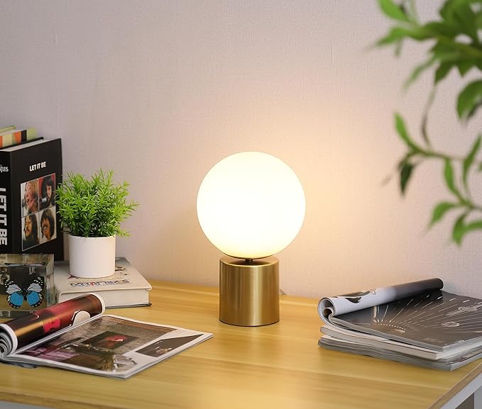 11 Inch Modern Mid Century Gold Globe Table Lamp,Round Bedside Nightstand Lamp with White Glass Shade Metal Base Desk Lamp for Bedroom Living Room End Table