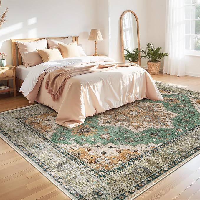 Area Rug 8x10 Vintage Rug: Large Washable Indoor Medallion Rugs Low Pile Distressed Floor Carpet Retro Accent Rug for Living Room Bedroom Kitchen Dining Table Home Office(Brown Green, 8'x10')