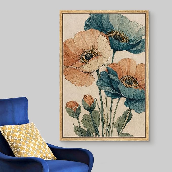 Woodrose Framed Canvas Print Wall Art Vintage Poppy Flowers Botanical Illustrations Modern Art Minimalist 3D Colorful Ultra for Living Room, Bedroom, Office - 24"x36" NATURAL