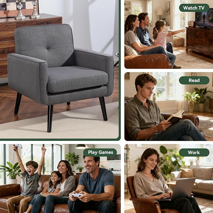 Vogue Furniture Direct Mid Century Accent Chair, Fabric Modern Chair with Wooden Frame, Cozy Armchair Reading Chair with Comfy Back for Apartment, Living Room, Bedroom, Small Space, Corner, Grey