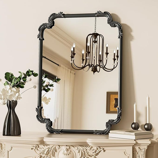 TETOTE Vintage Baroque Black Rectangle Mirror for Wall 22 x 30 Antique Scroll Rounded Corner Frame French Mantle Mirror for Fireplace Bathroom Living Room Bedroom Decor, Horizontal/Vertical