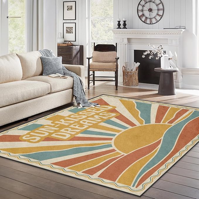 Area Rugs 5'x7' Washable Rug, Retro Sunburst Boho Stain Resistant Non Slip Backing Sunset Vintage Carpet for Living Room Bedroom Dining Room